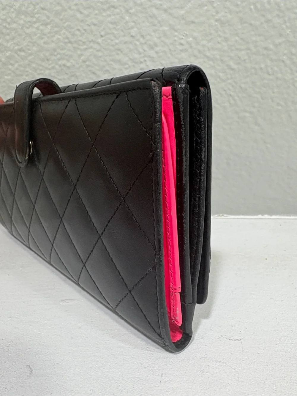 CHANEL Cambon Quilted Leather Flap Wallet pink interior